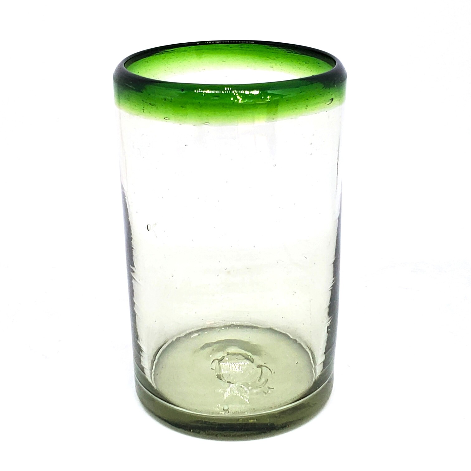 VIDRIO SOPLADO / vasos grandes con borde verde esmeralda, 14 oz, Vidrio Reciclado, Libre de Plomo y Toxinas